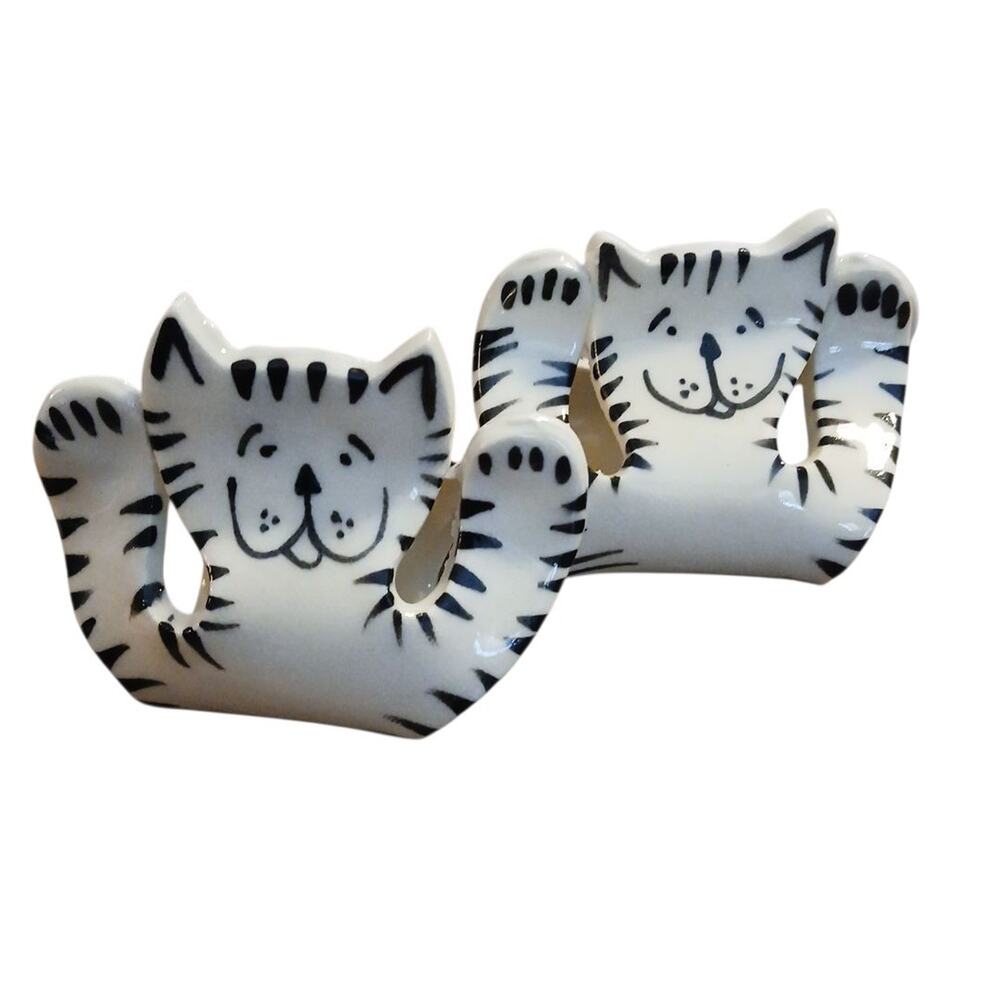 Set of Unique Kitty Cat Animated Ceramic Napkin Rings Holders Black White Signed